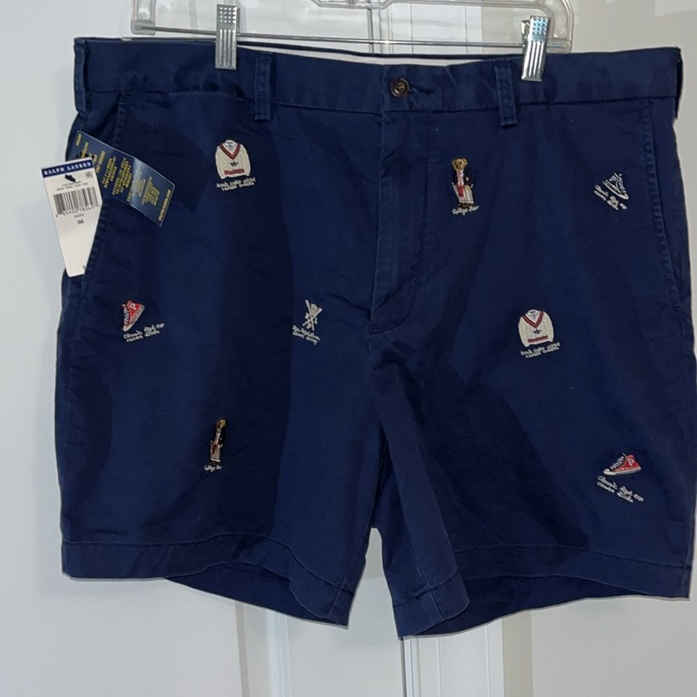 New POLO RALPH LAUREN Men’s Navy Blue Embroidered Sewn Polo Bear Shorts Pwing